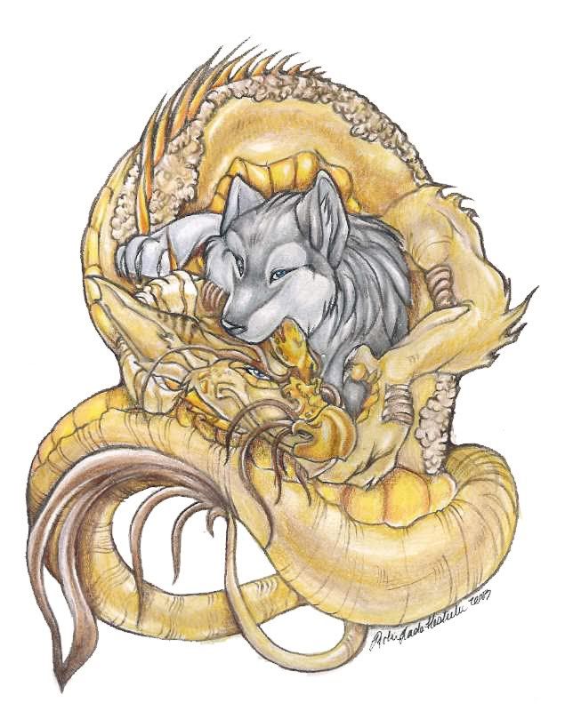 Silver_and_Gold.jpg dragon and wolf cuddle image by sombra_loba