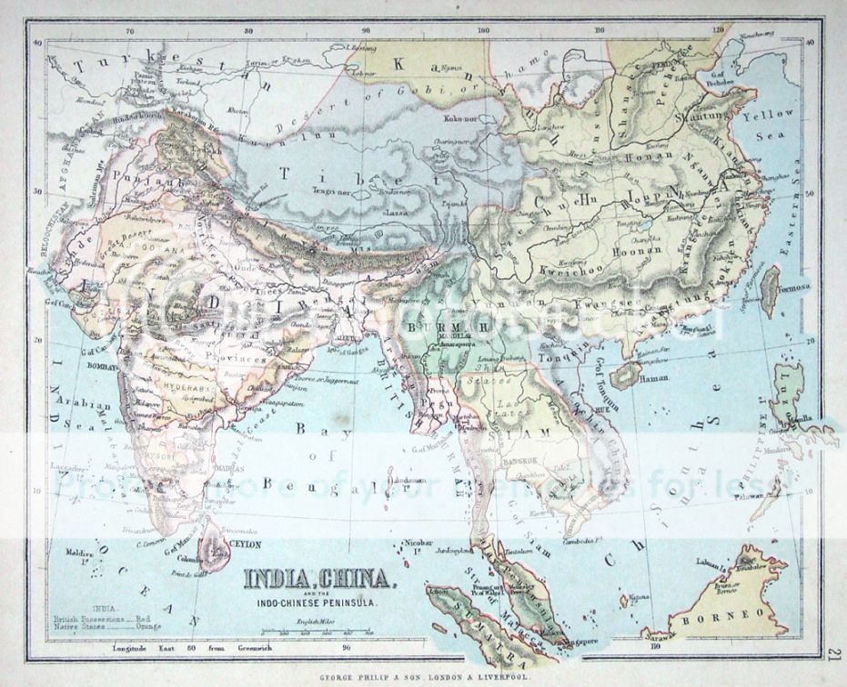 India Burma Thailand Malaysia China Antique Map C1875